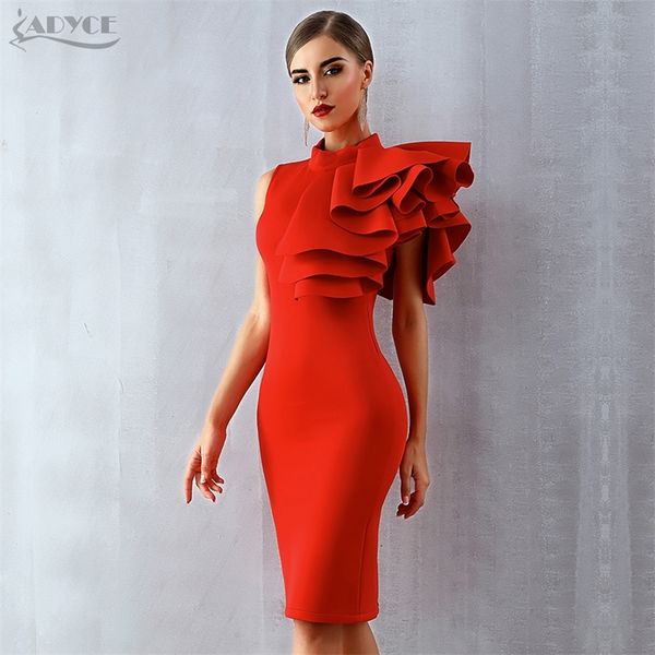 

adyce new summer women celebrity runway party dress vestido white red sleeveless ruffles bodycon midi night club dress y200101, White;black