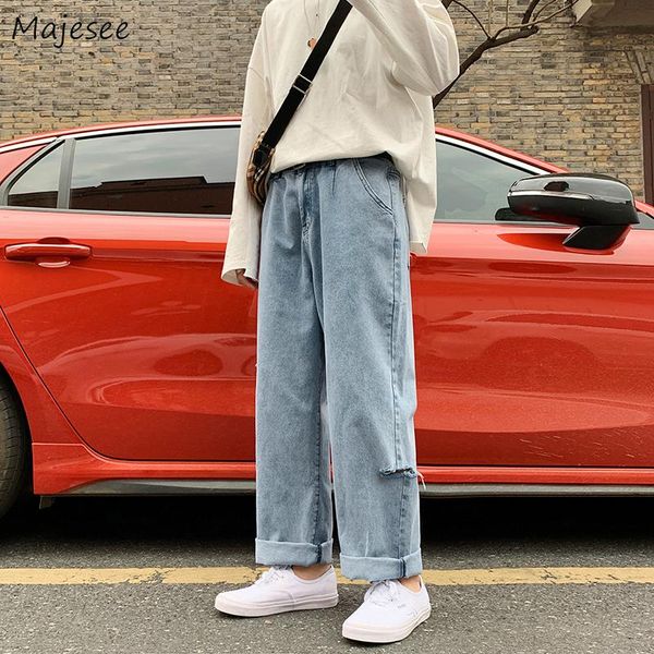 

oversize 3xl men streetwear blue long jeans korean fashion wide leg denim trousers hip hop loose leisure holes mid waist summer