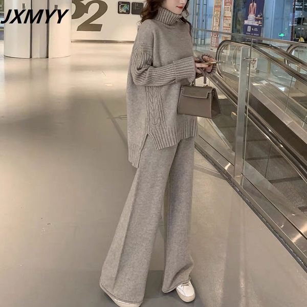 

jxmyy sweater set women tracksuit spring autumn knitted suits 2 piece set warm turtleneck sweater pullovers wide legs pants c0129, Black;white