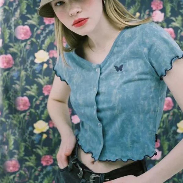 

women v neck button through tie-dyed short sleeve t-shirt with frill trim drop shipping good quality, White