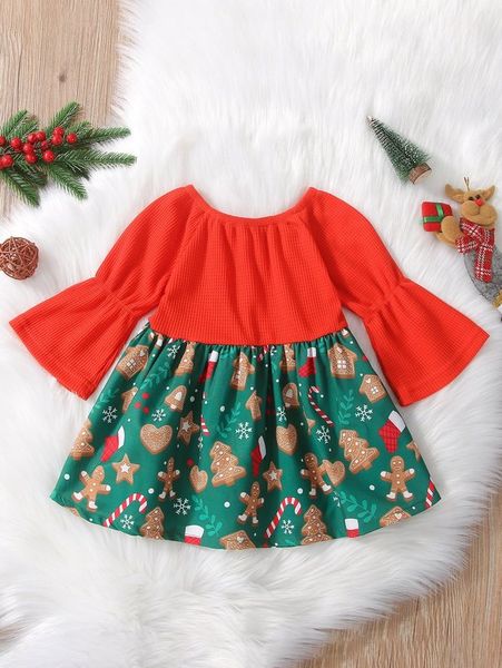 

baby christmas print flounce sleeve dress she, Red;yellow
