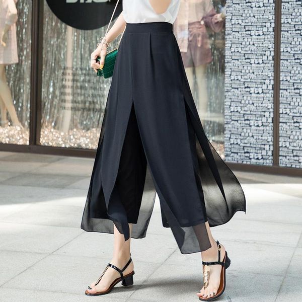 

women's summer wide leg long trousers casual vintage high waist chiffon side split loose bohemia skirt pants capris solid 870a, Black;white