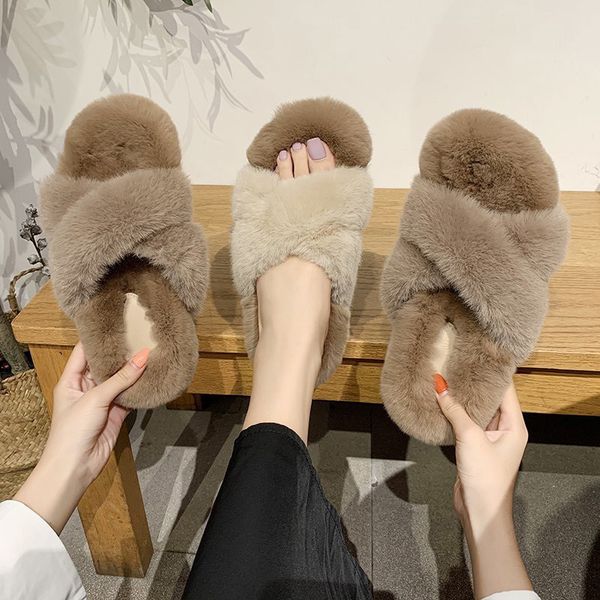 

house slippers platform shoes woman 2020 luxury slides winter footwear flock fur flip flops slipers women soft designer flat x1020, Black