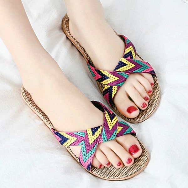 

summer indoor flax women slippers trend hemp weave breathable flat ladies shoes house lightweight couples men slippers #nw4o, Black