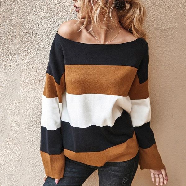 

women' s striped sweater autumn winter patchwork color long sleeve sweater round neck casual 1, White;black
