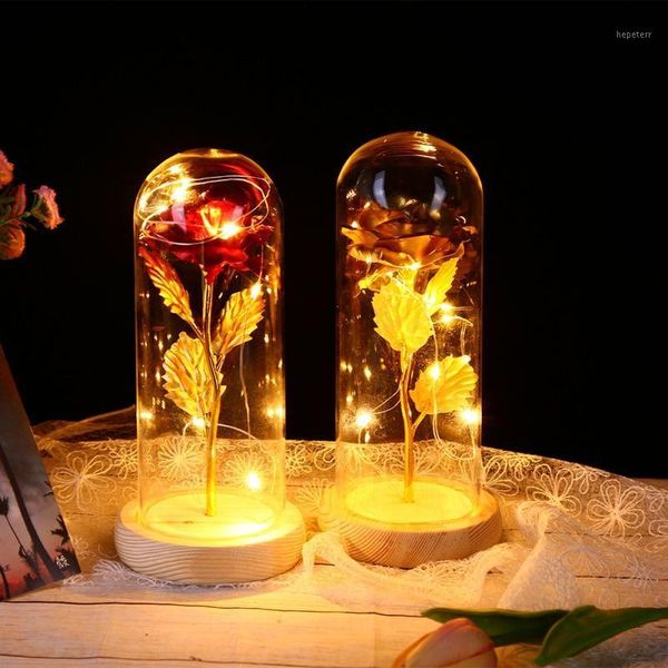 

rose in flask artificial 24k gold-plated red rose with led light string in glass dome for wedding party mother's day gifts1