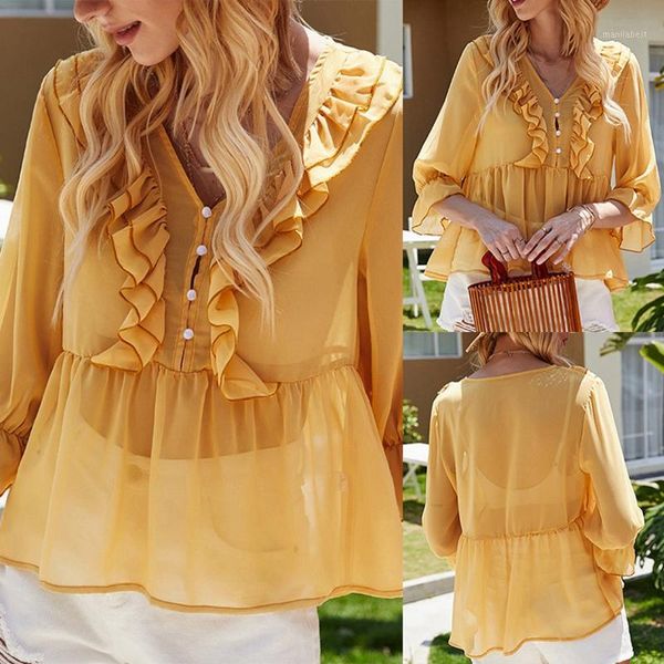 

summer solid color v-neck female cover meat lantern sleeves loose doll shirt waist casual women 1, White