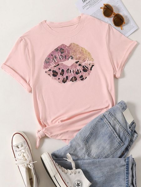 

plus lip print short sleeve tee e9fc#, Black