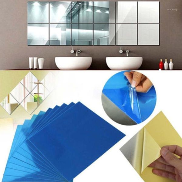 

9pcs squares mirror wall sticker tile silver home decorative surface waterproof self-adhesive 15x15cm bathroom mirror decal1