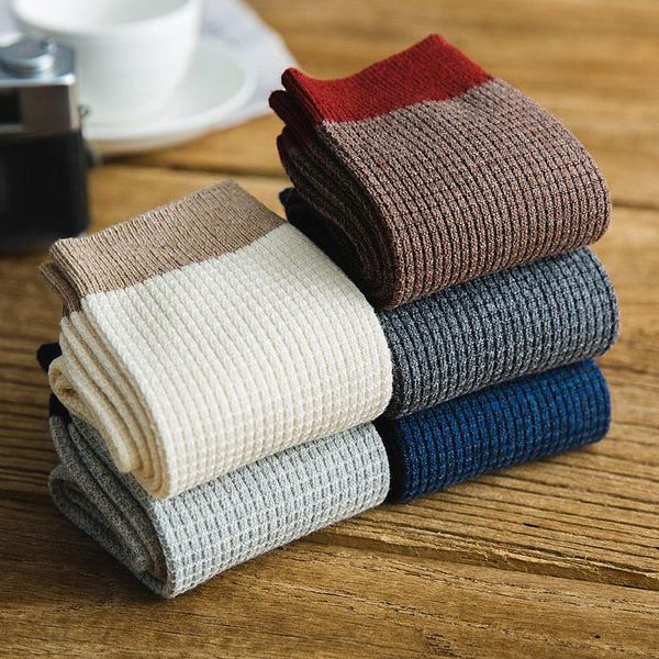 

tube men's socks japanese men's business double needle pure color cotton socks winter new cross border source, Black