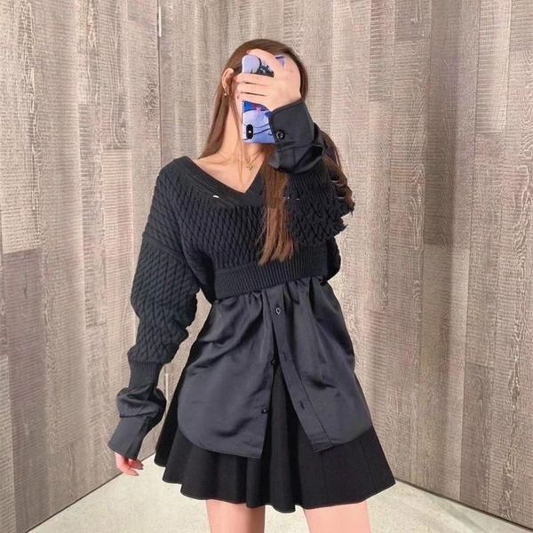 

women's sweaters spring summer fashion brand design versatile splicing two pieces v-neck long sleeve commute slim sweater knitwear a2, White;black