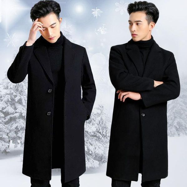 

cultivate morality youth cloth coat male long season and thicken the knee-high woolen cloth dust coat abb1, Black
