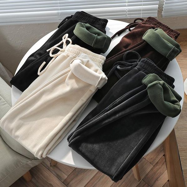 

women's pants & capris vintage thicken warm women long 2021 winter high waist solid streetwear pockets corduroy trousers casual bottom, Black;white