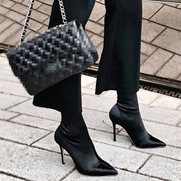 

eoeodoit high stiletto heels sock boots women pointy toe shoes lycra pumps calf spring autumn stretchy booties plus size 42, Black