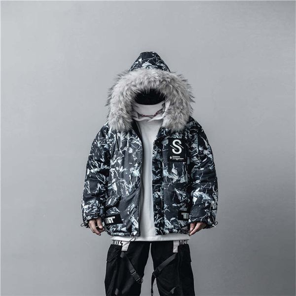 

cotton-padded jacket men's camouflage dark black street style winter thick jacket hooded tie-dye fur collar warm coat good quality m-xl, Black;brown