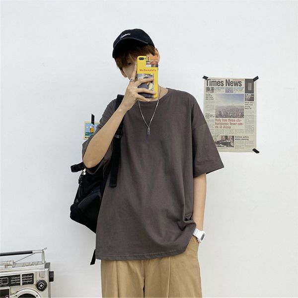 

футболка с короткими рукавами мужская сплошная молодая рубашка одежда свободные повседневные негабаритные мужчины футболка прохладно тонкие, White;black