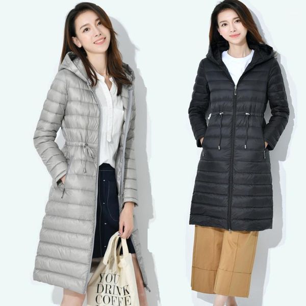 

women knee length ultralight duck down jackets slim waist portable down padded parkas female hooded puffer outerwear jk-8301, Black