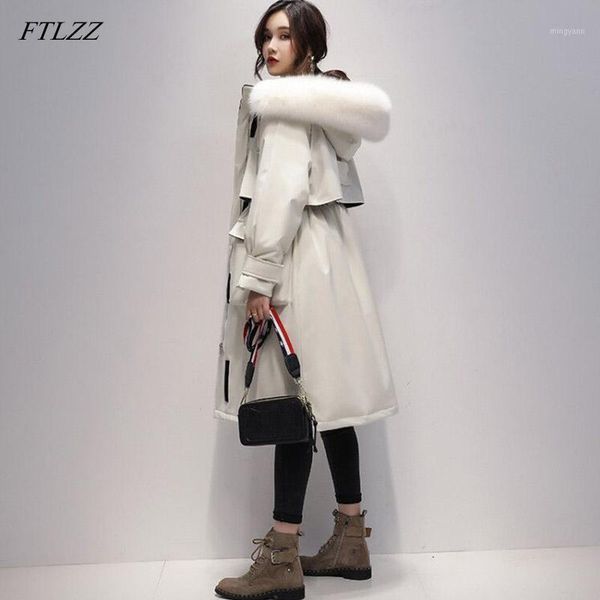 

ftlzz large real fur 90% white duck down long coat winter jacket women parkas thick warm waterproof overcoat1, Black
