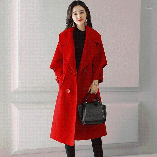 

women 2020 autumn winter new mid-long woolen outwears female double breasted solid color coats ladies loose warm jackets v2401, Black