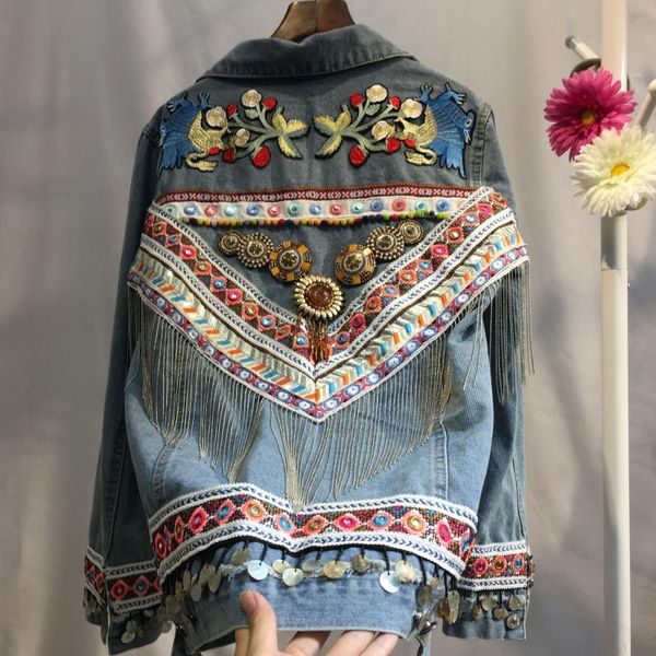

superaen 2021 spring and autumn national new embroidery patchwork tassel denim jacket women, Black;brown