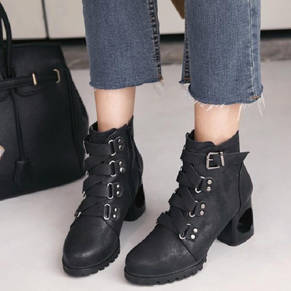 

boots women ankle black leather platform zipper short fashion plus size high heel winter autumn shoes vt1384