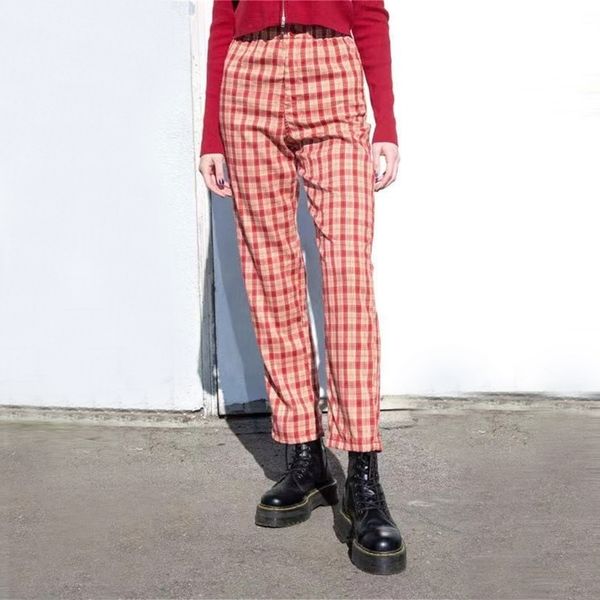 

women high rise elasticated waist checked straight pants lj201130, Black;white