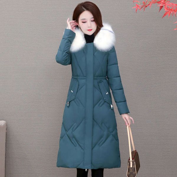 

2020 new down jacket middle and long slim waist warm large women's korean wool collar winter coat blue l, Black
