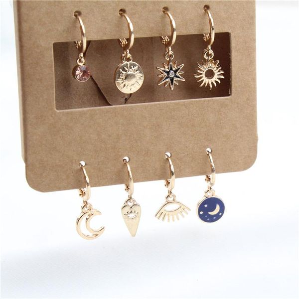 

unsd 8pcs earring sets for women hollow enamel moon sun star hoop earrings vintage evil eye eyelash geometric earing jewelry, Golden;silver
