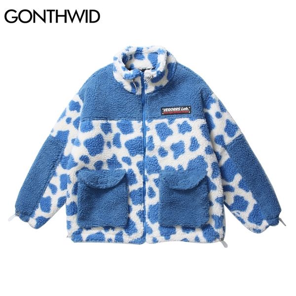 

gonthwid fleece cotton padded parkas jackets streetwear hip hop front pockets cow spot pattern color block patchwork thick coats 201217, Black