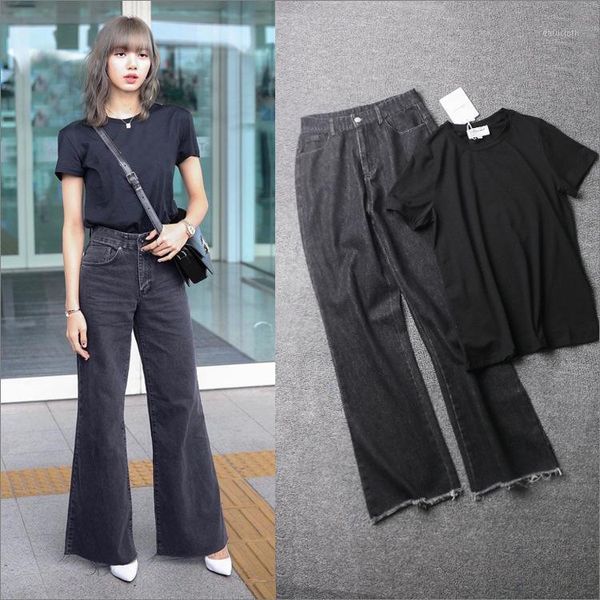 

kpop korea celebrity black fashion high waist wide leg jeans women harajuku style loose retro straight jeans female casual pants1, Blue