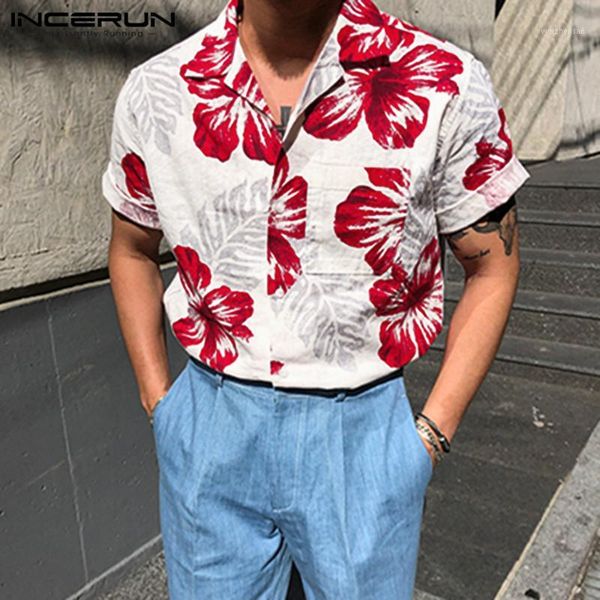 

2020 summer men flower printed shirts short sleeve lapel shirt man casual loose breathable camisa fashion hawaiian incerun1, White;black