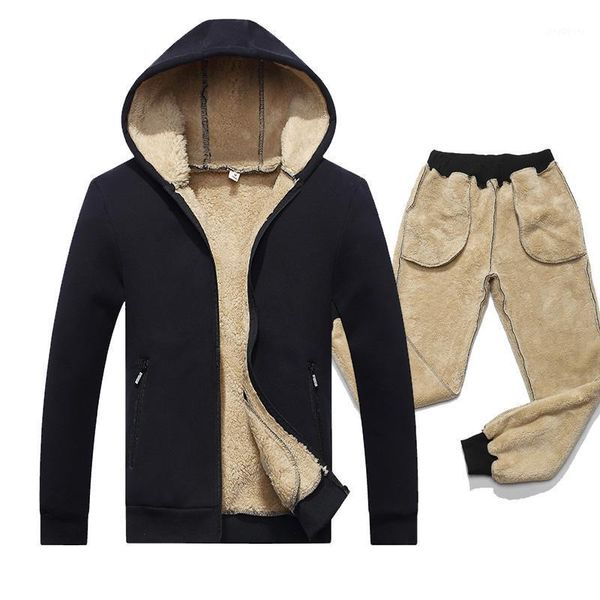 

winter tracksuits men set lamb cashmere thick fleece hoodies+pants suit zipper hooded sweatshirt set male hoodie sporting suits1, Gray