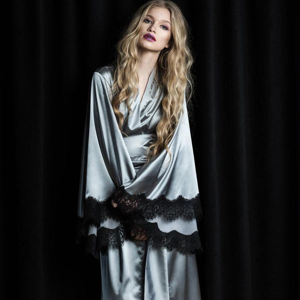 

silver satin silk nightdress with belt p shoot winter women pgraphy kimono evening prom robe bathrobe sleepware, White