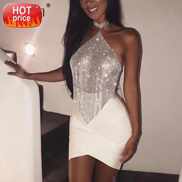 

fashion halter backless crystal cami crop women rhinestone metal mesh festival party club outfit costume #7y1o, White