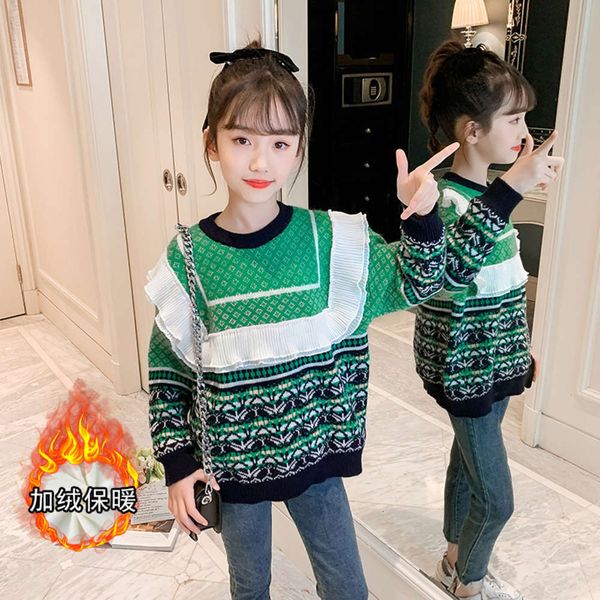 

2020 autumn and winter children's clothing new korean girls' plush green sweater, Blue