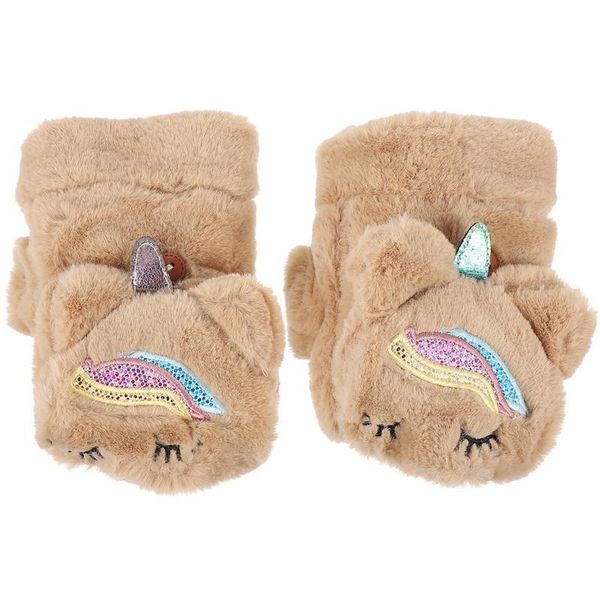

five fingers gloves 1 pair winter half finger women plush cartoon mittens flap cover mitts, Blue;gray