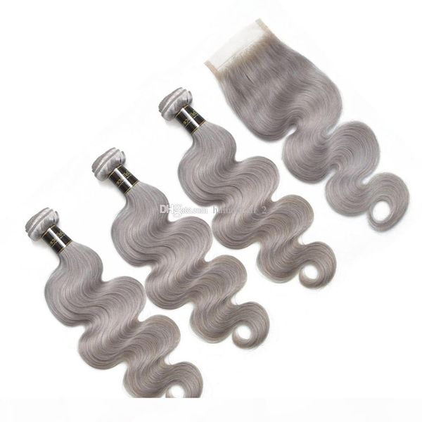 

body wave sliver grey human hair weaves grey hair bundles and 4*4 swiss lace closure 4pcs lot gray hair bundles, Black;brown