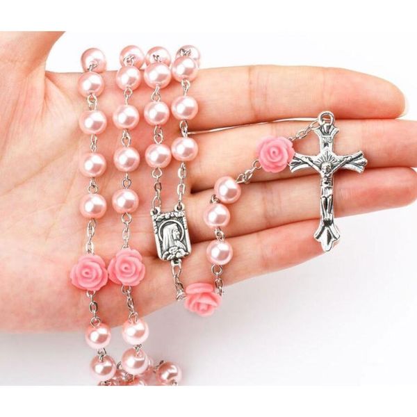 

10pcs fashion religious simulated pearl beads purple rose catholic rosary necklace women long strand necklaces sqcqfy beauty888, Silver