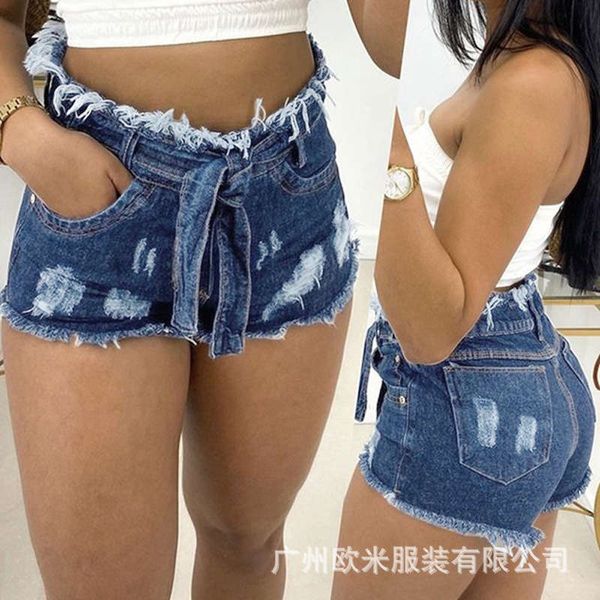 

2020 women's new style of broken hole high waist denim belt shorts, Blue