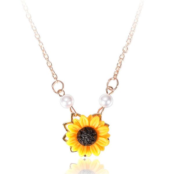 Sweet girassol imitação de pérola camisola colares pingentes amarelo flor pingente jóias colar para mulheres