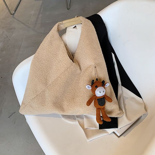 

youda bags for women 2020 lamb wool handbag plush soft casual shoulder bag high capacity tote pack with cute pendant female c1223