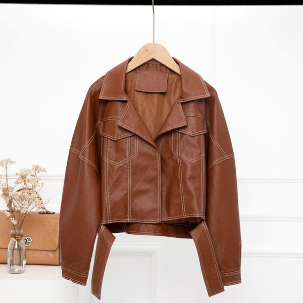

2021 new autumn of women short outerwear loose leather jacket wrir, Black
