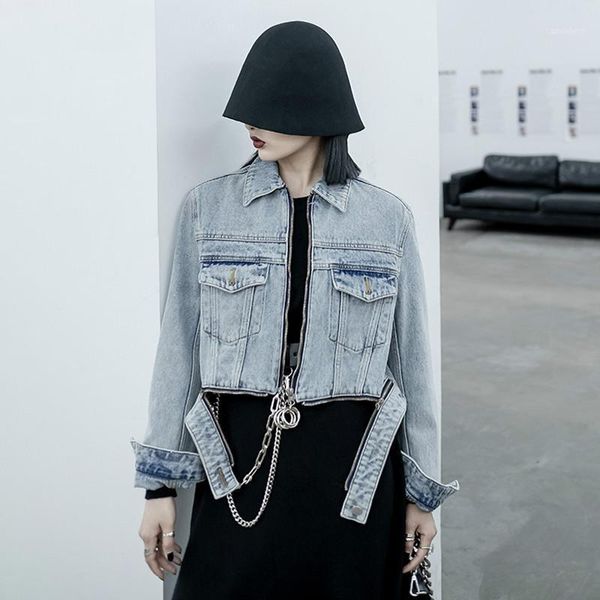 

women's jackets loose fit big size zipper irregular denim jacket lapel long sleeve women coat fashion tide autumn winter 2021 4141, Black;brown