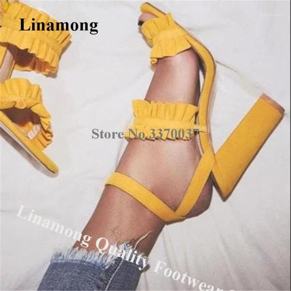 

linamong open toe charming ruffles chunky heel yellow purple suede leather thick high heel sandals formal dress heels1, Black