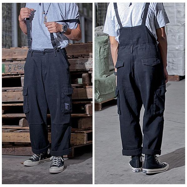 

men's streetwear suspenders trousers mens streetwear overalls multi-pocket work cargo pants casual wide-legged baggy pant men1, Black