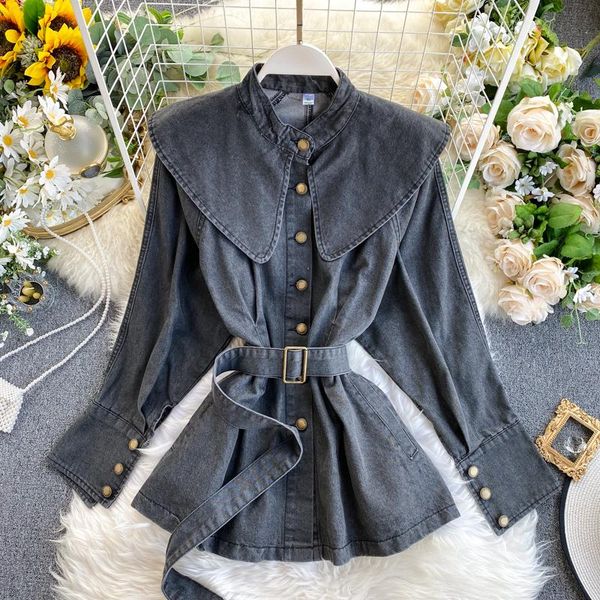 

ewq] 2020 autumn female stand collar single breasted minimalist solid color adjustable waist denim jacket cardigan coat 8d1015, Black;brown