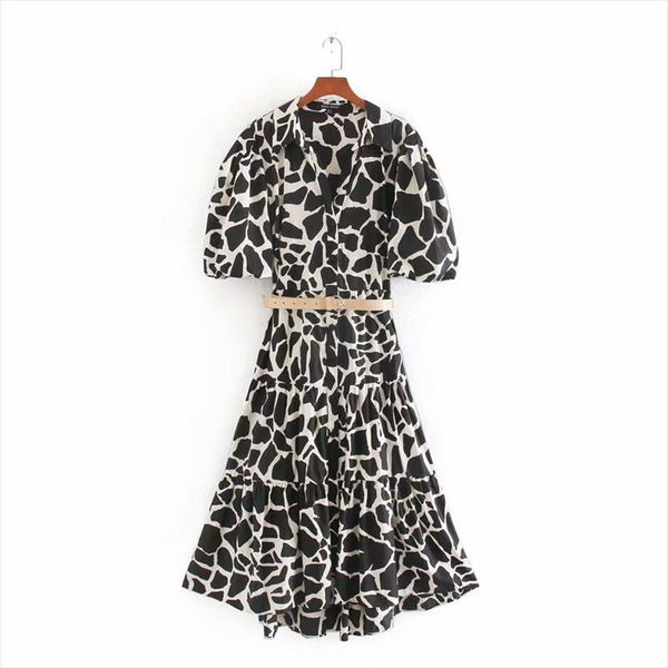 

2020 women vintage animal pattern printing sashes dress lady lantern sleeve hem ruffles vestidos chic casual slim dresses ds3543, Black;gray