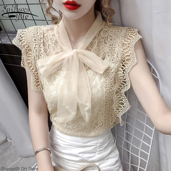 

womens and blouses lace patchwork blusas korean fashion clothing solid hollow out shirt vintage sleeveless shirt 9811 y200828, White