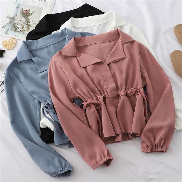 

korean casual chiffon womens short style blouses fit solid ladies long sleeve turn down collar shirts blusas mujer, White