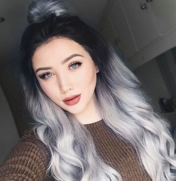 

2021 european and american female long wig big wave black gradient grandma gray high temperature silk rose net head set manufacturers wholes